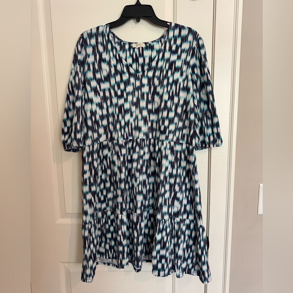 NIC+ZOE Teal and Navy Geometric Midi Dress - Picture 1 of 6